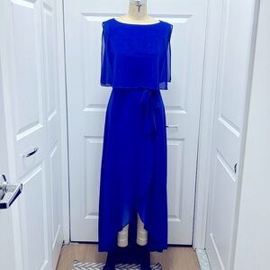 Pebble georgette, sash belt, hi low skirt, floor length dress. Color: Royal NWOT